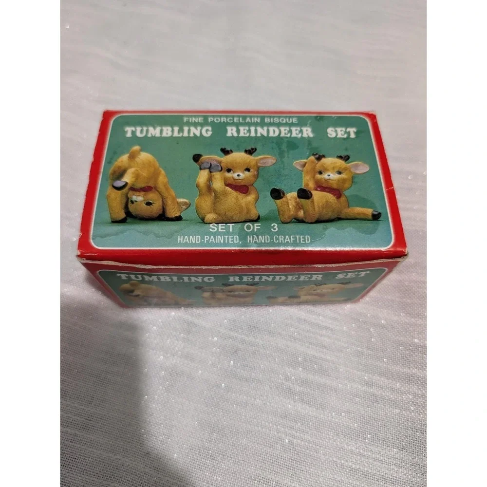 Vintage 1960s JSNY Tumbling Reindeer Set of 3‎ Porcelain Bisque Figurines w/ Box